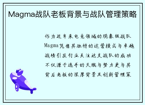 Magma战队老板背景与战队管理策略